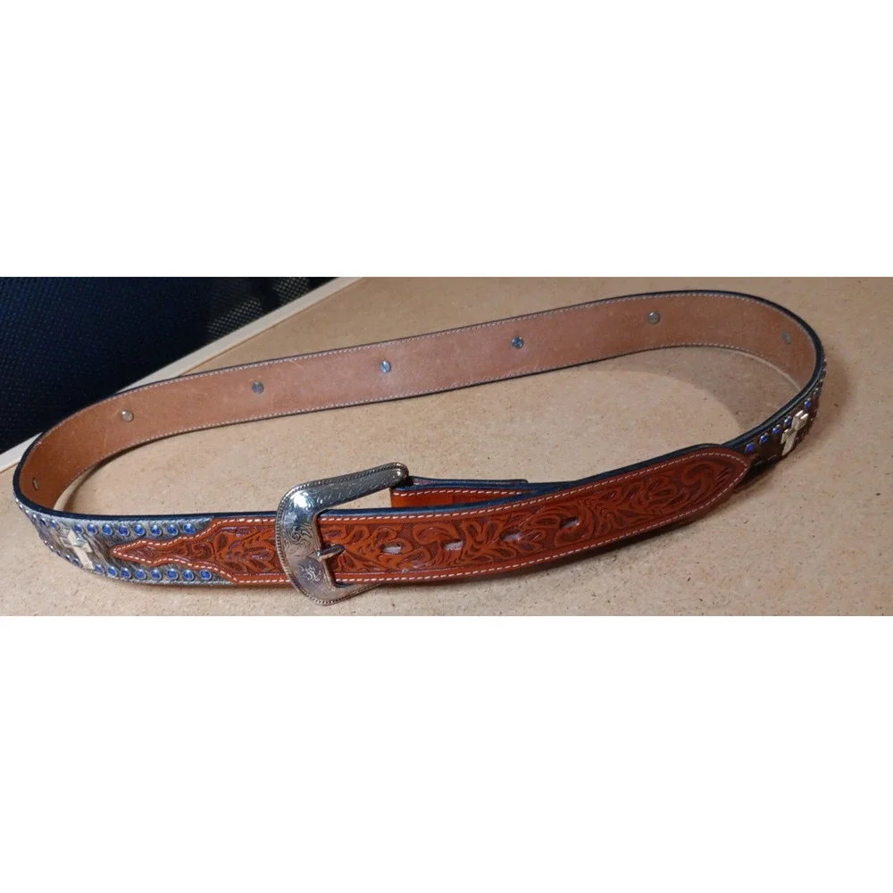 3D Leather Cross, Cowhide & Gems Belt Sz 39-42 (7757)